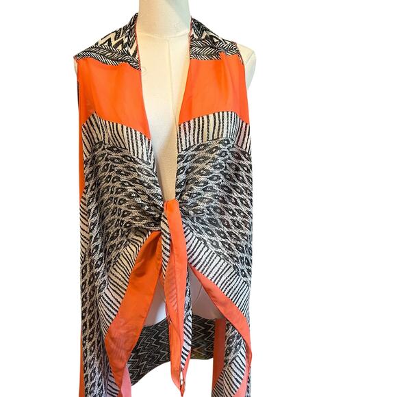 Shawl Vest Top Poncho Kimono Open Orange Black Geo Aztec Boho Gypsy Hippie - Picture 5 of 11